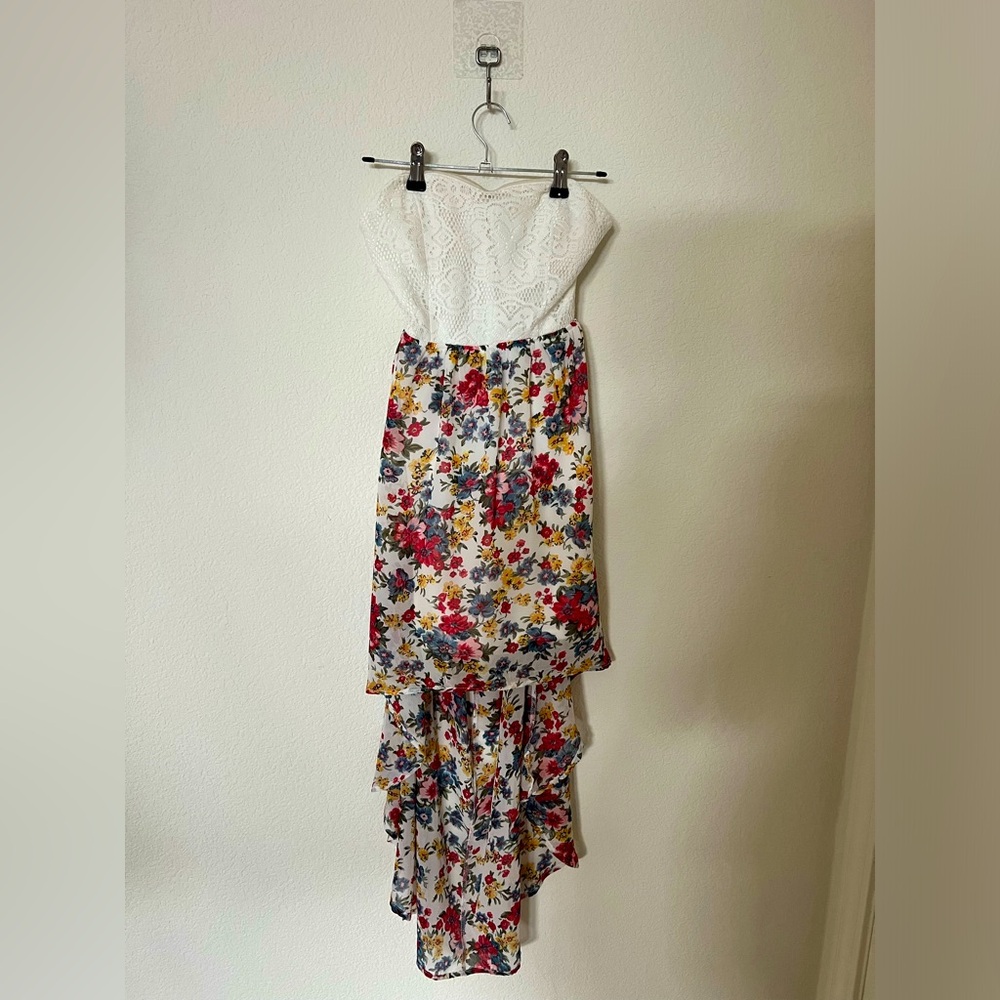 Wet Seal White and floral strapless open back dress; Size: S